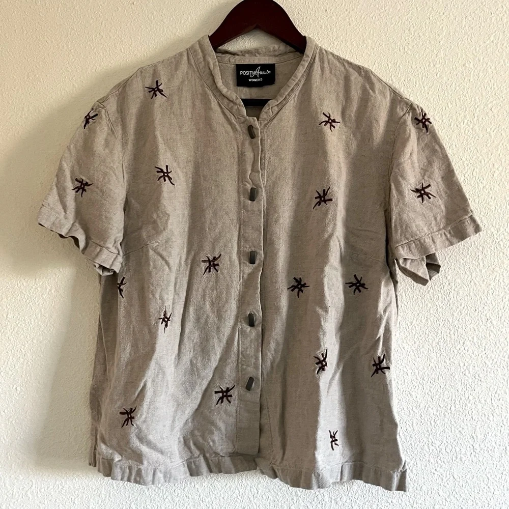 Vintage Positive Attitude Button Up Short Sleeved Linen Type Shirt Tan Floral - Picture 2 of 11